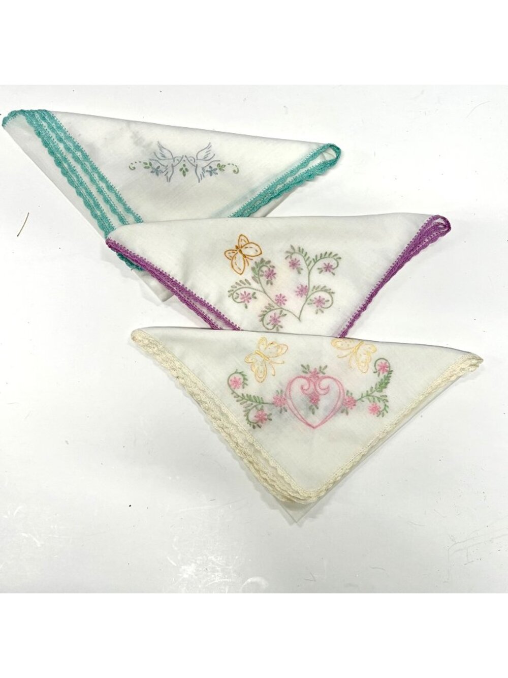 Vintage Embroidered Lace Handkerchiefs Lot of 3 Floral Butterflies Birds